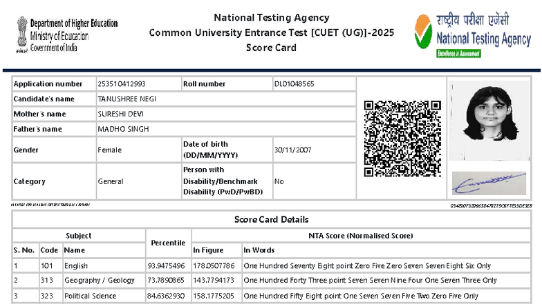 CUET (UG) 2025 Score Card for TANUSHREE NEGI and Others - Studocu