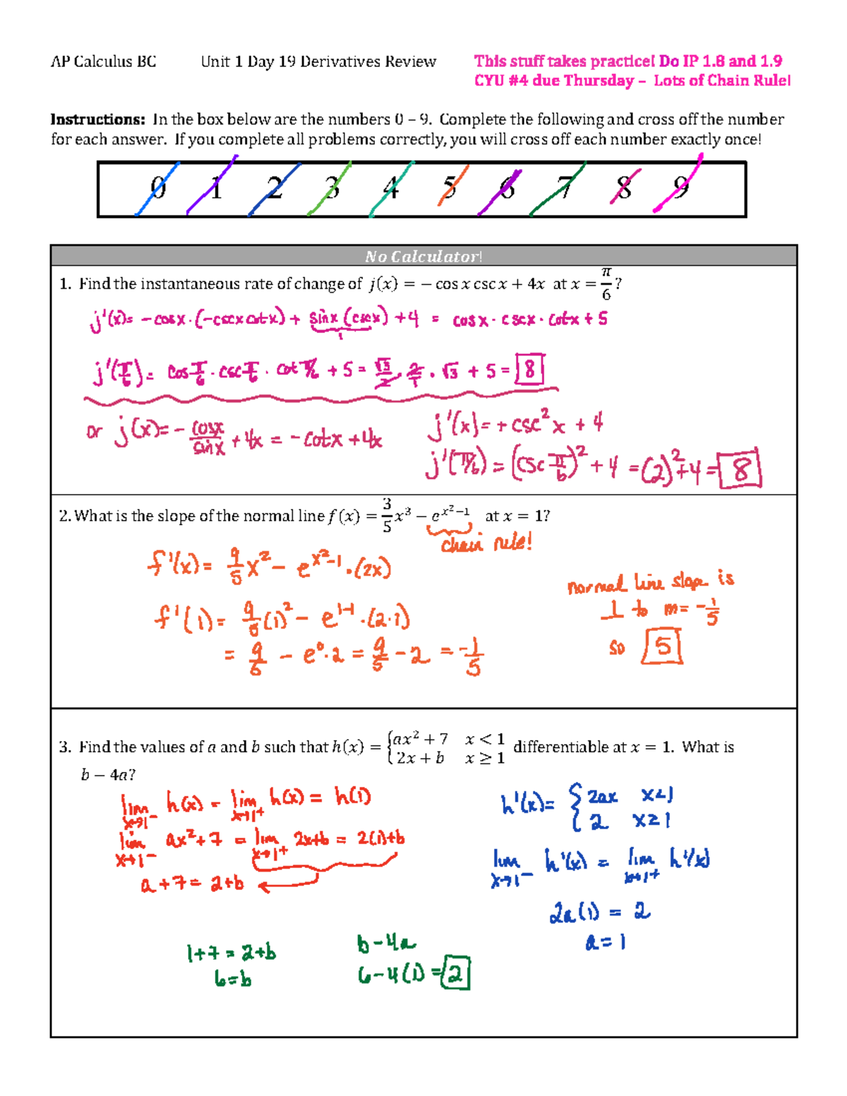 AP Calculus BC Unit 1 Day 19: Derivatives Practice Exercises - Studocu