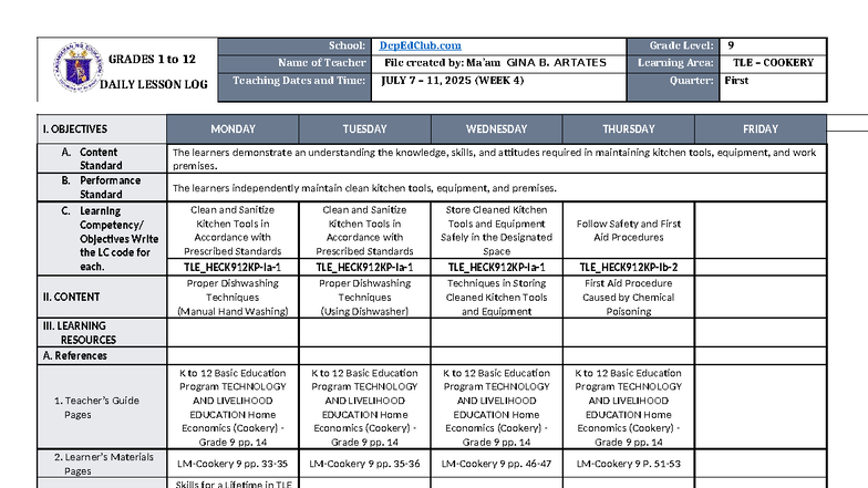 DLL TLE Cookery 9 Q1 W4 - Daily Lesson Log and Activities - Studocu