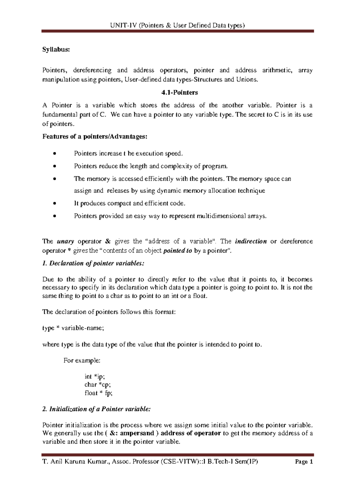 Pointers and User Defined Data Types (UNIT-4(IP)) - Studocu