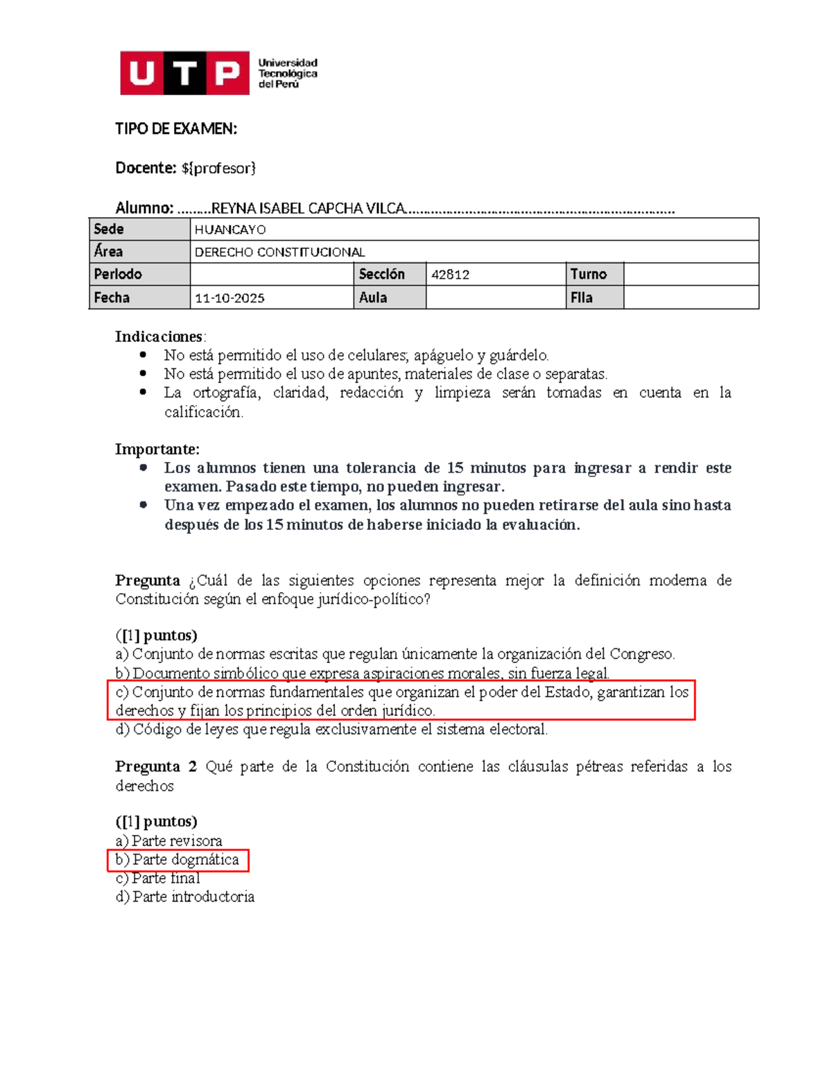 Práctica Calificada de Derecho Constitucional 42812: Examen y Análisis ...