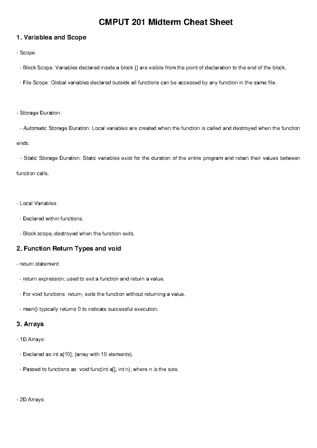 Cmput 201 Cheat Sheet - CMPUT 201 Midterm Cheat Sheet 1. Variables and ...