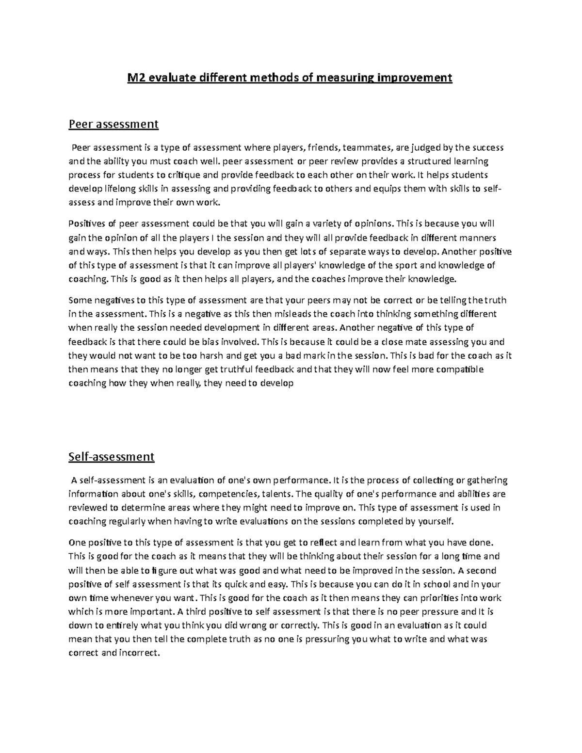 M2 - Evaluating Methods for Improvement in Coaching Assessments - Studocu