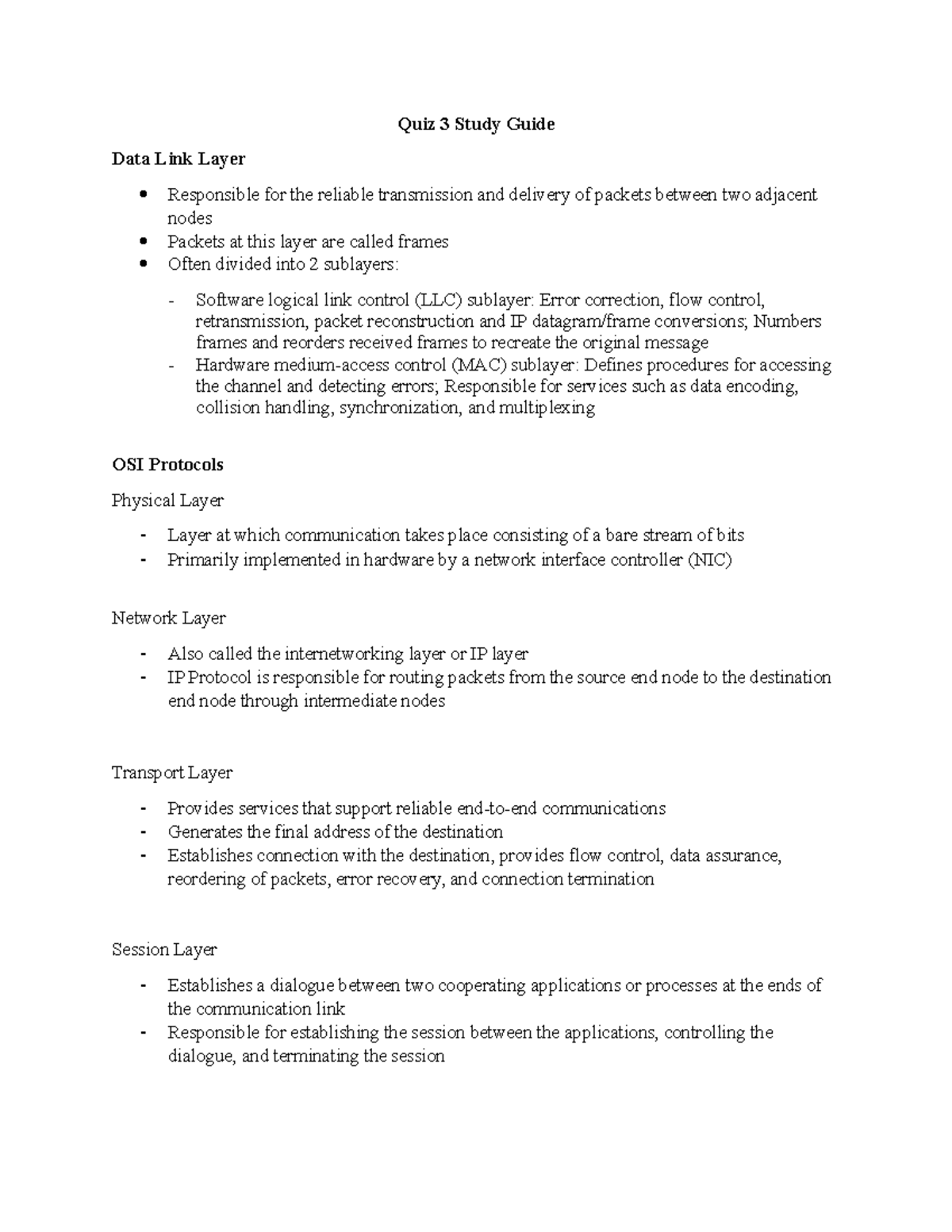 Quiz 3 Study Guide: Data Link Layer, OSI Model, and Multiplexing ...