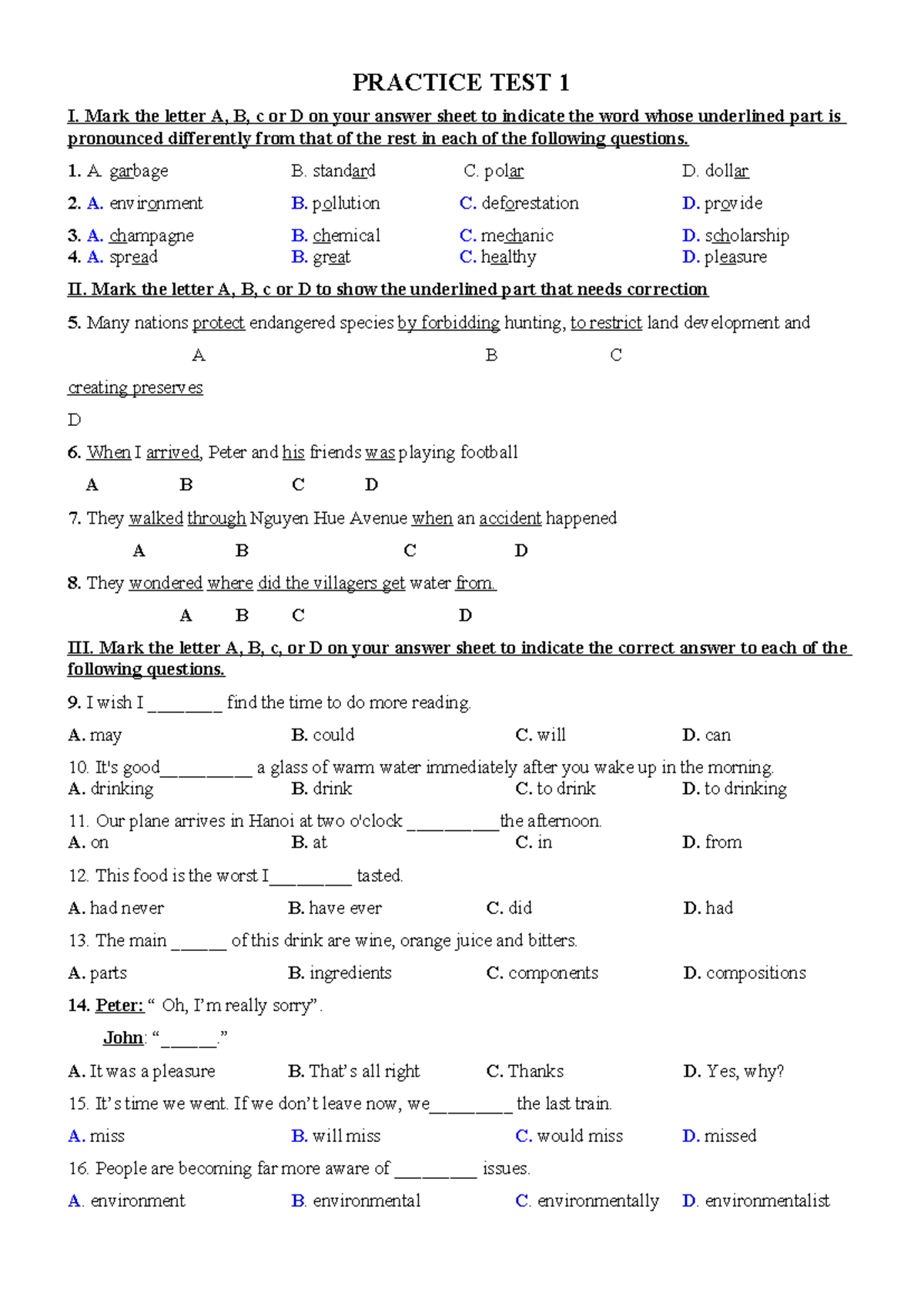 PRACTICE TEST 1 & 2: English Language Skills Assessment - Studocu
