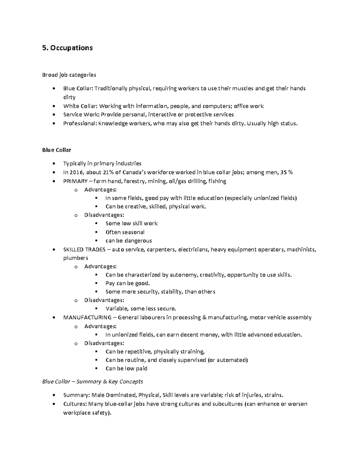 5. Occupations - lecture notes for soc 2166 - 5. Occupations Broad job ...