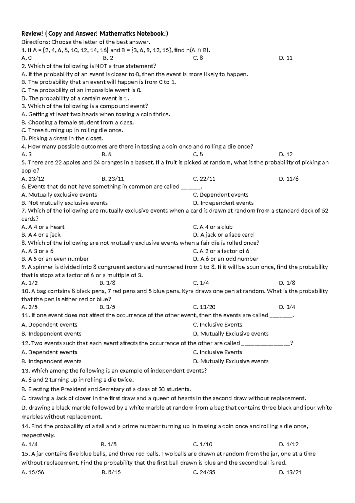 Summative Test M10 Q3: Mathematics Probability Review - Studocu