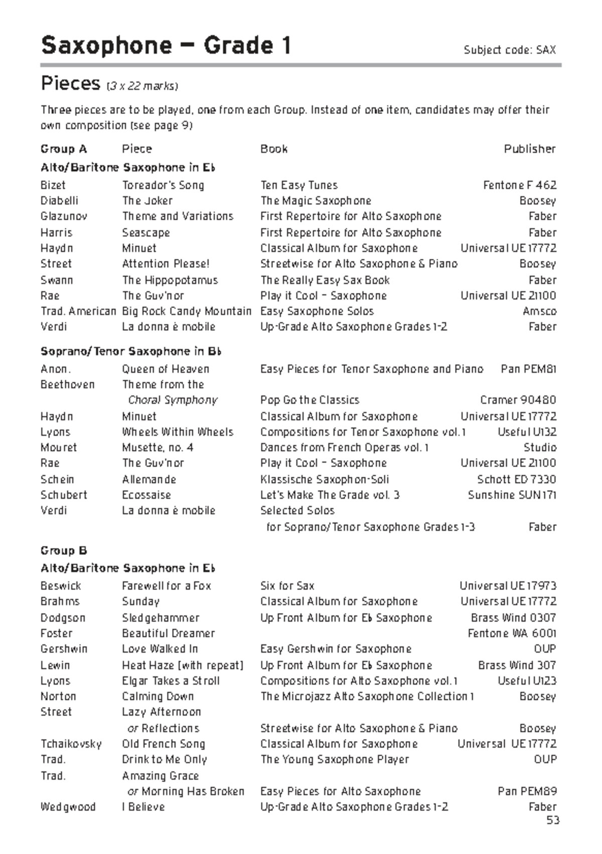 Saxophone Grade 1-7 Requirements: Pieces and Compositions Guide - Studocu, image size:1200x1702