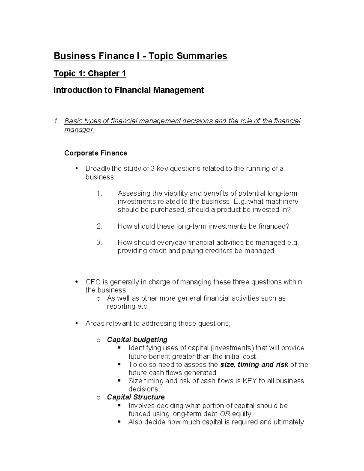 Summary - Business finance I - based on textbook and lectures ...
