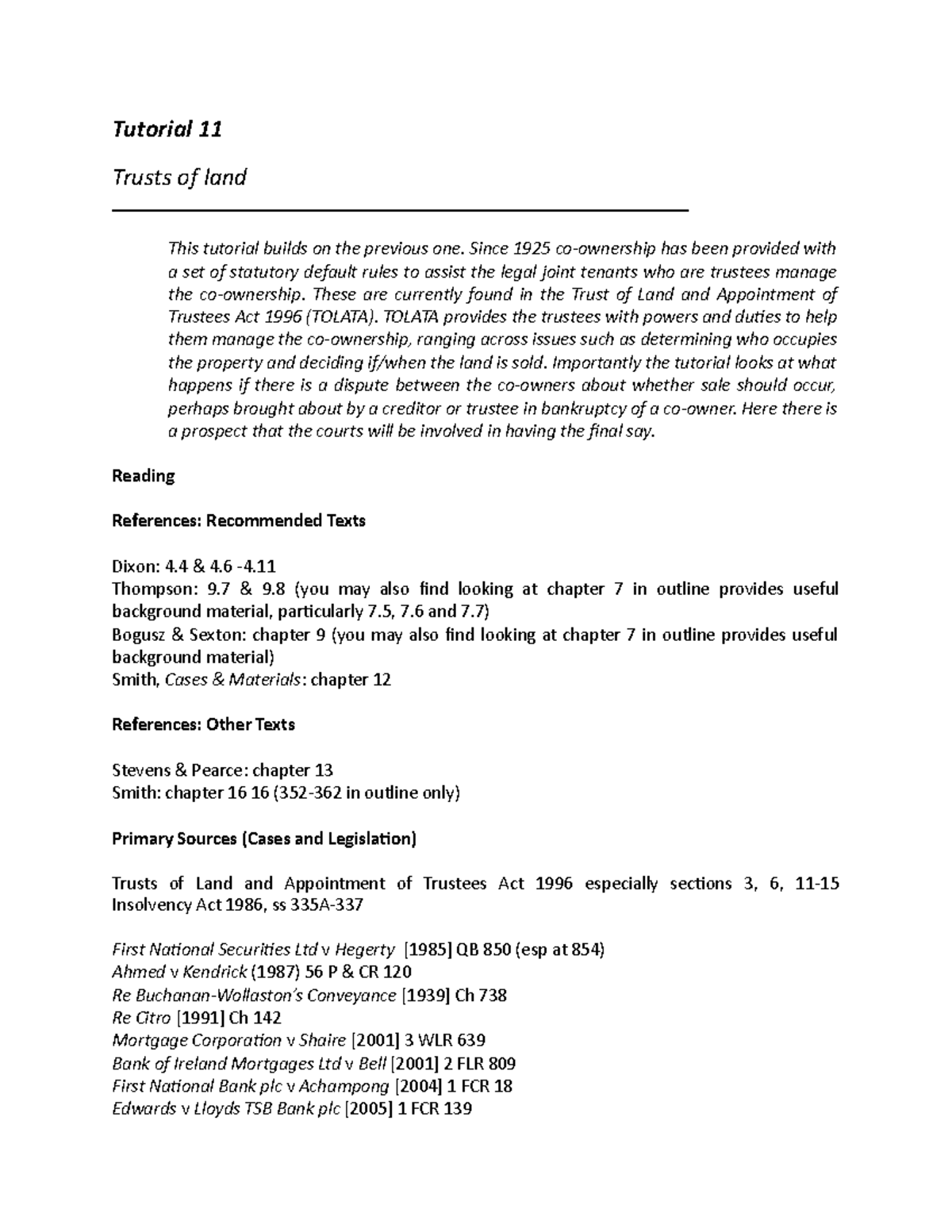 Trusts of Land: Tutorial 11 Notes and Key Concepts Analysis - Studocu