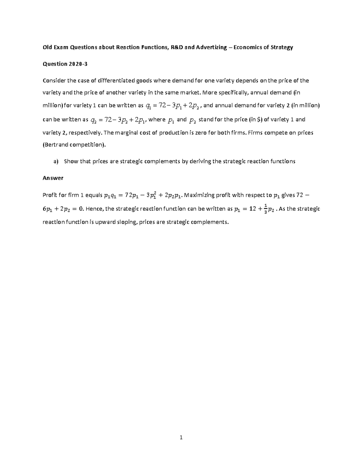 Exam Training 2025-2QA: Reaction Functions & Advertising Economics ...