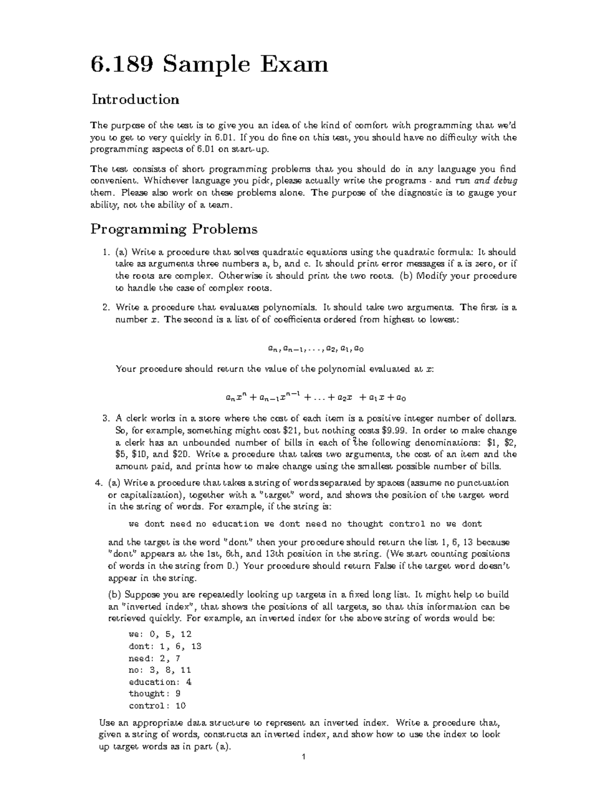 6.189 Sample Exam: Programming Problem Solutions for 6.01 - Studocu