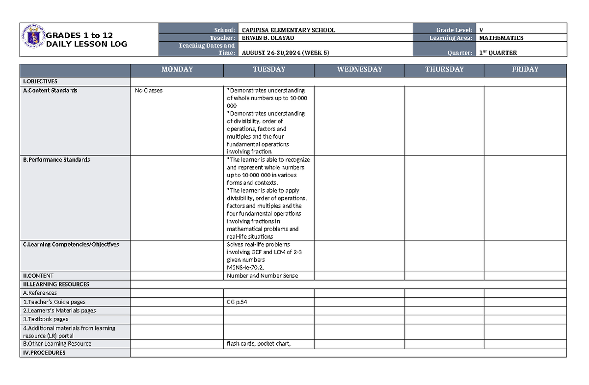 DLL Mathematics 5 Q1 W5 - simple quiz - GRADES 1 to 12 DAILY LESSON LOG ...