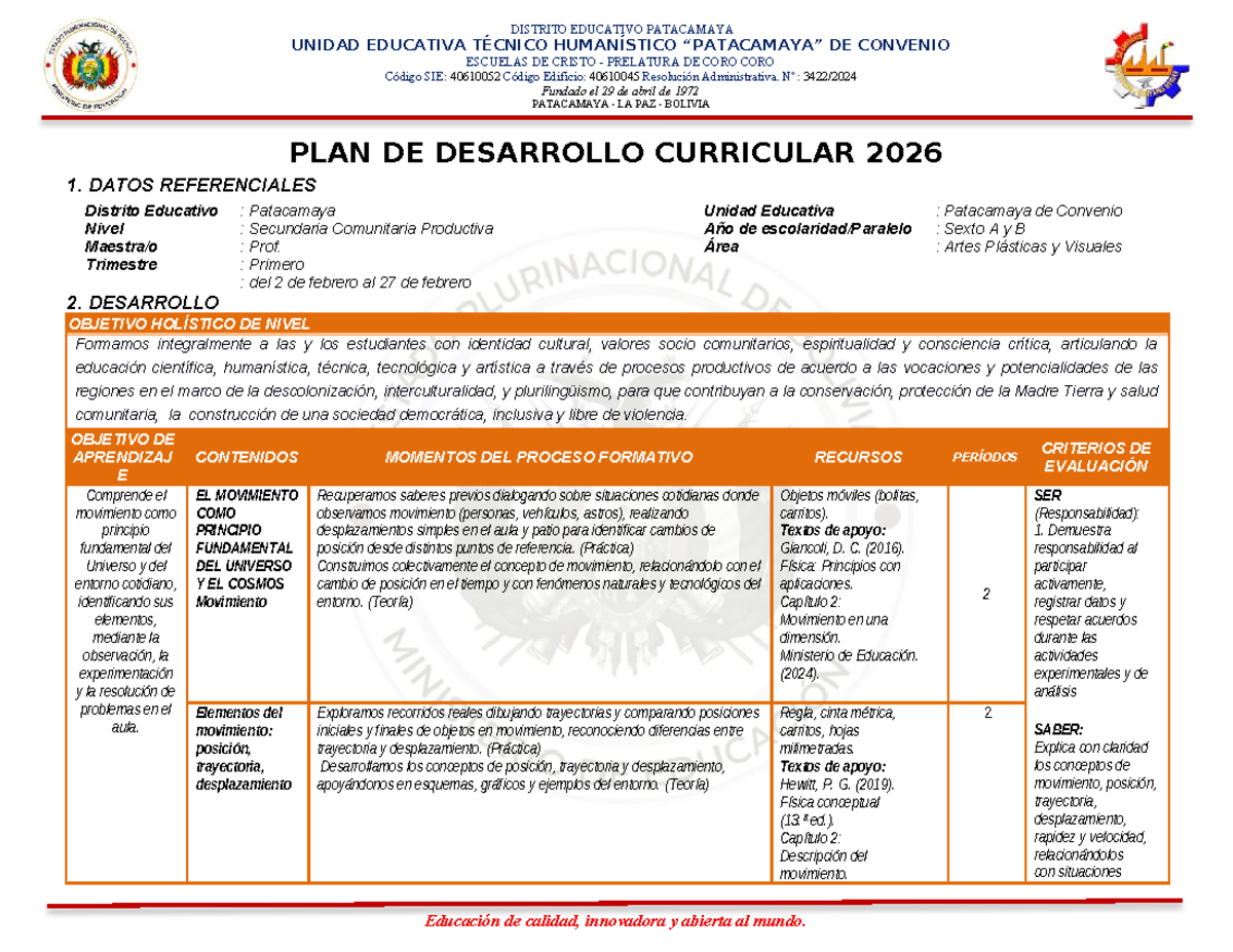 Modelo PDC Patacamaya 2026: Desarrollo Curricular Secundaria - Studocu