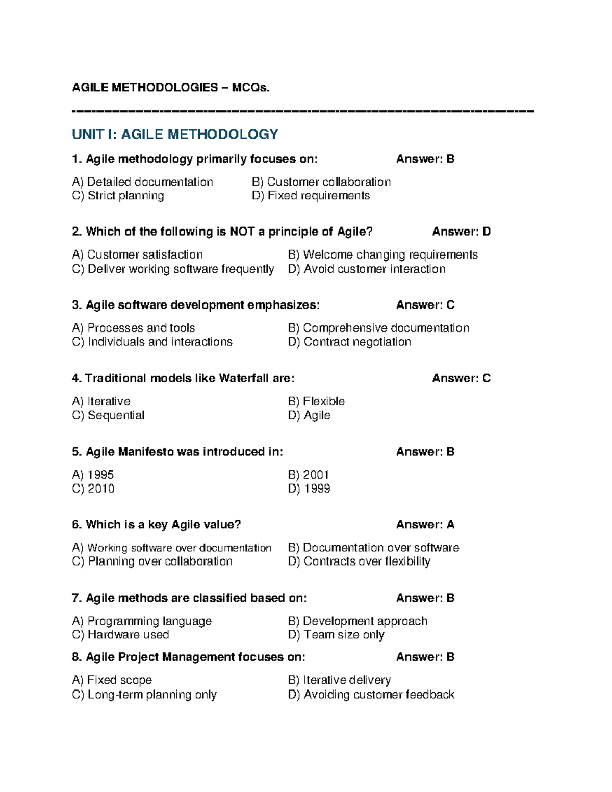 Agile Methodologies Midterm MCQs: Unit I & II - Studocu