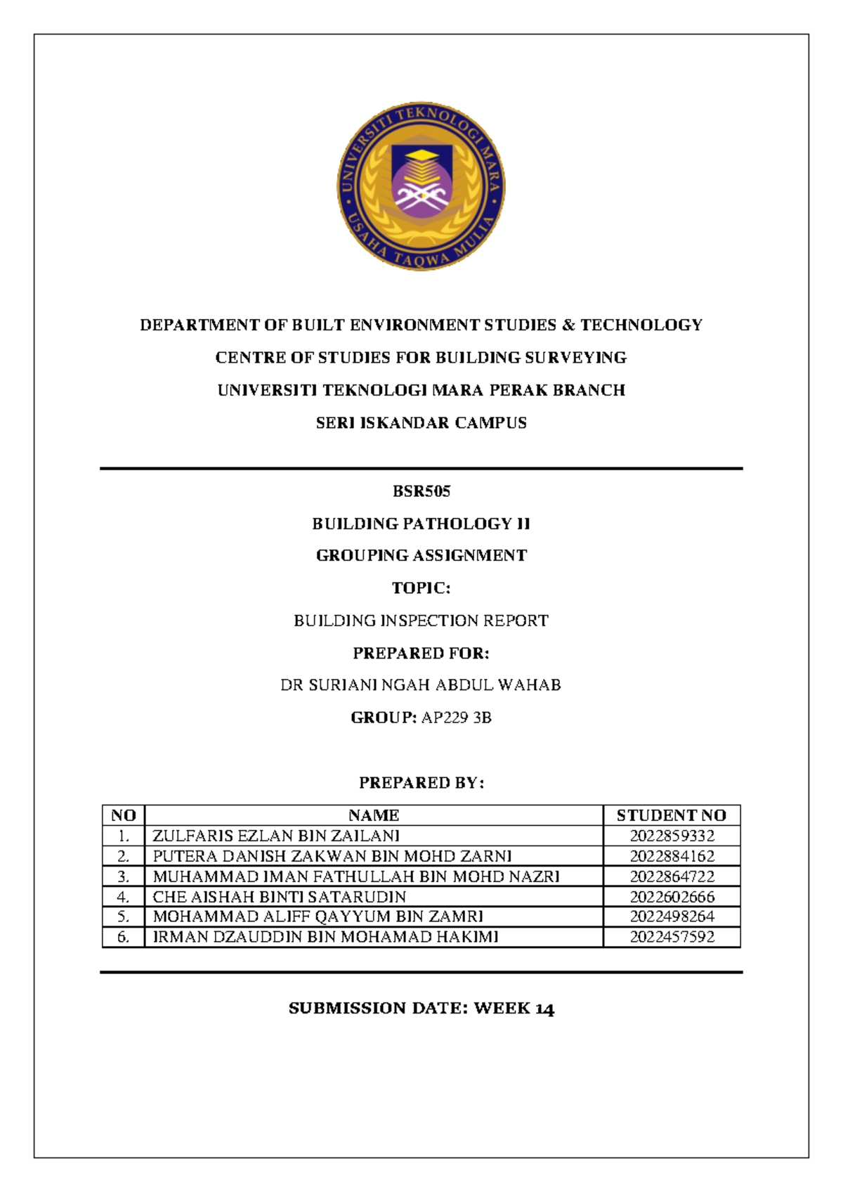 BSR505 Building Pathology II: Building Inspection Report Assignment ...