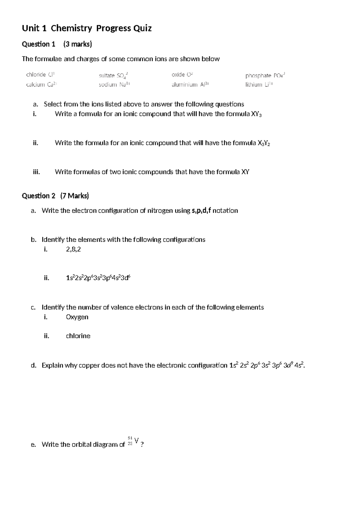 Unit 1 Chemistry Progress Quiz - Ionic Compounds & Reactions - Studocu