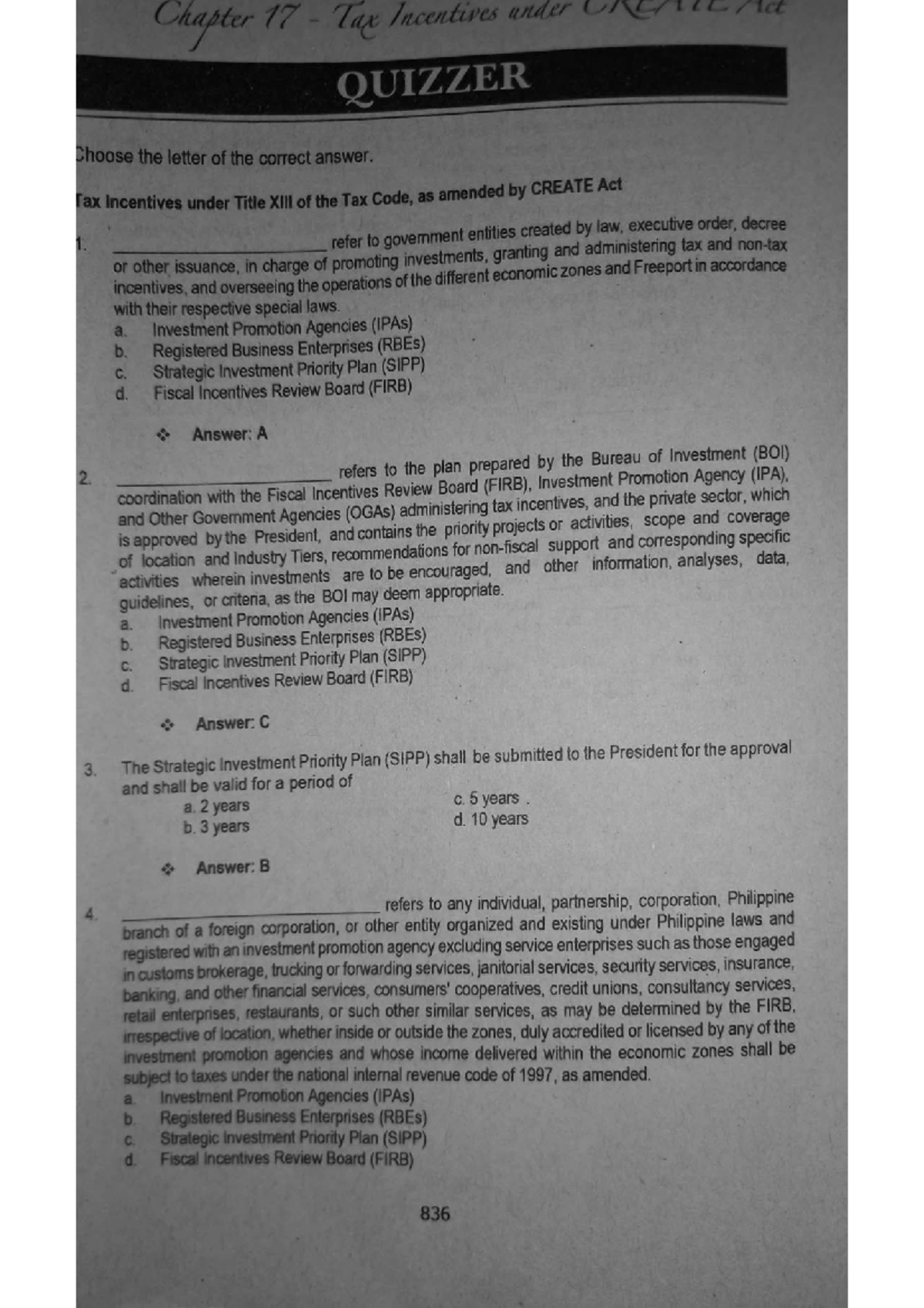 Chapter 17 Tax Incentives under CREATE Act - Quiz Answers - Studocu
