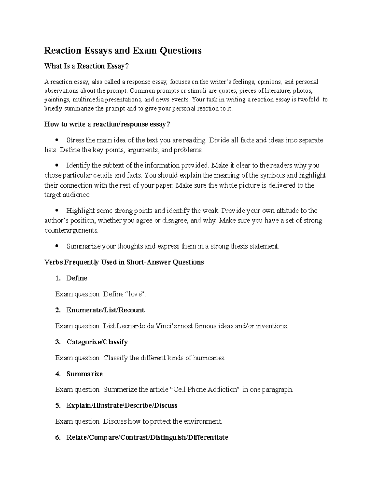 Reaction Essay Guidelines and Exam Question Examples (ENG101) - Studocu