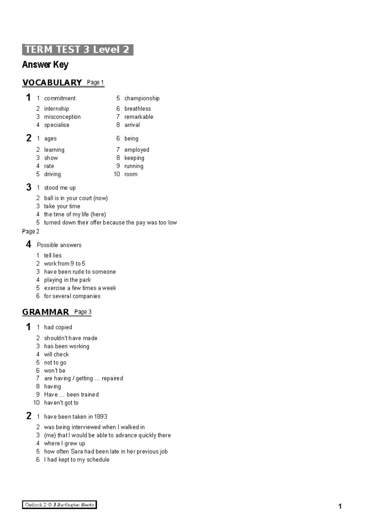 05Outlook 2 Term 3 Test Level 2 Answer Key - Vocabulary & Grammar - Studocu