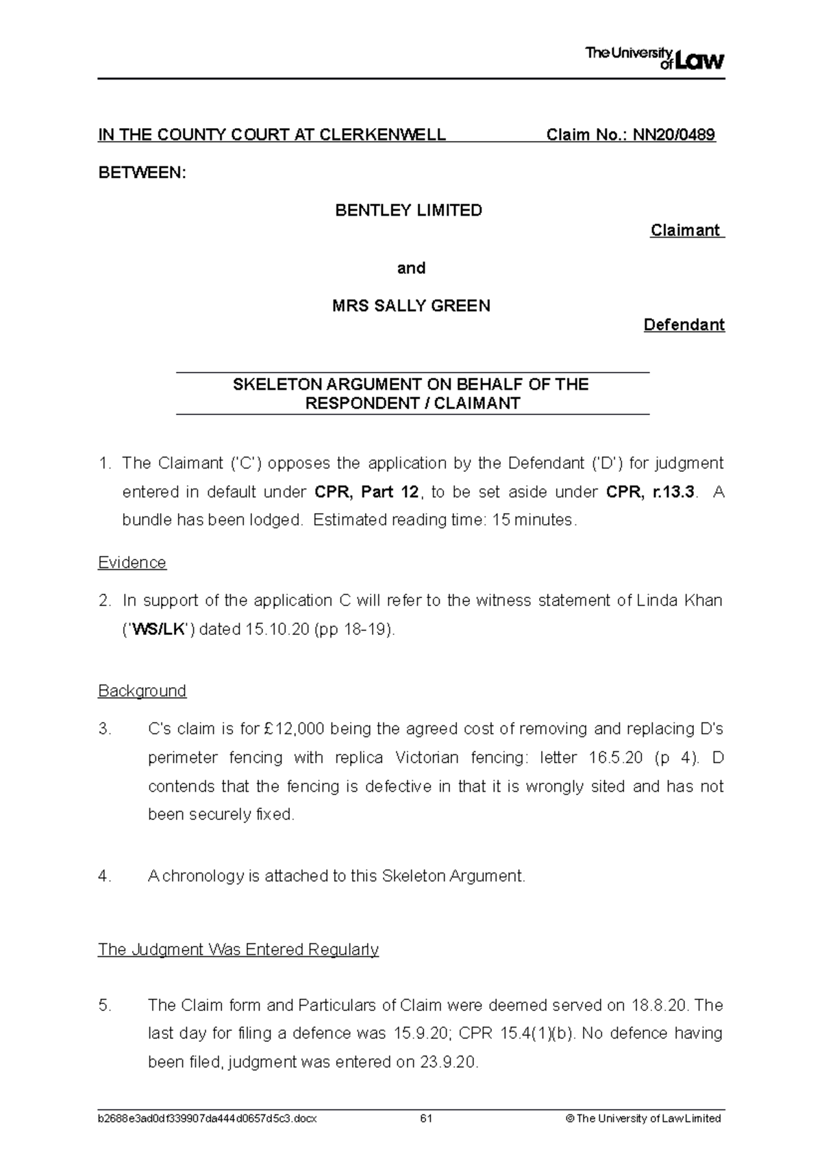 Respondent Skeleton Argument in County Court Case NN20/ - Studocu