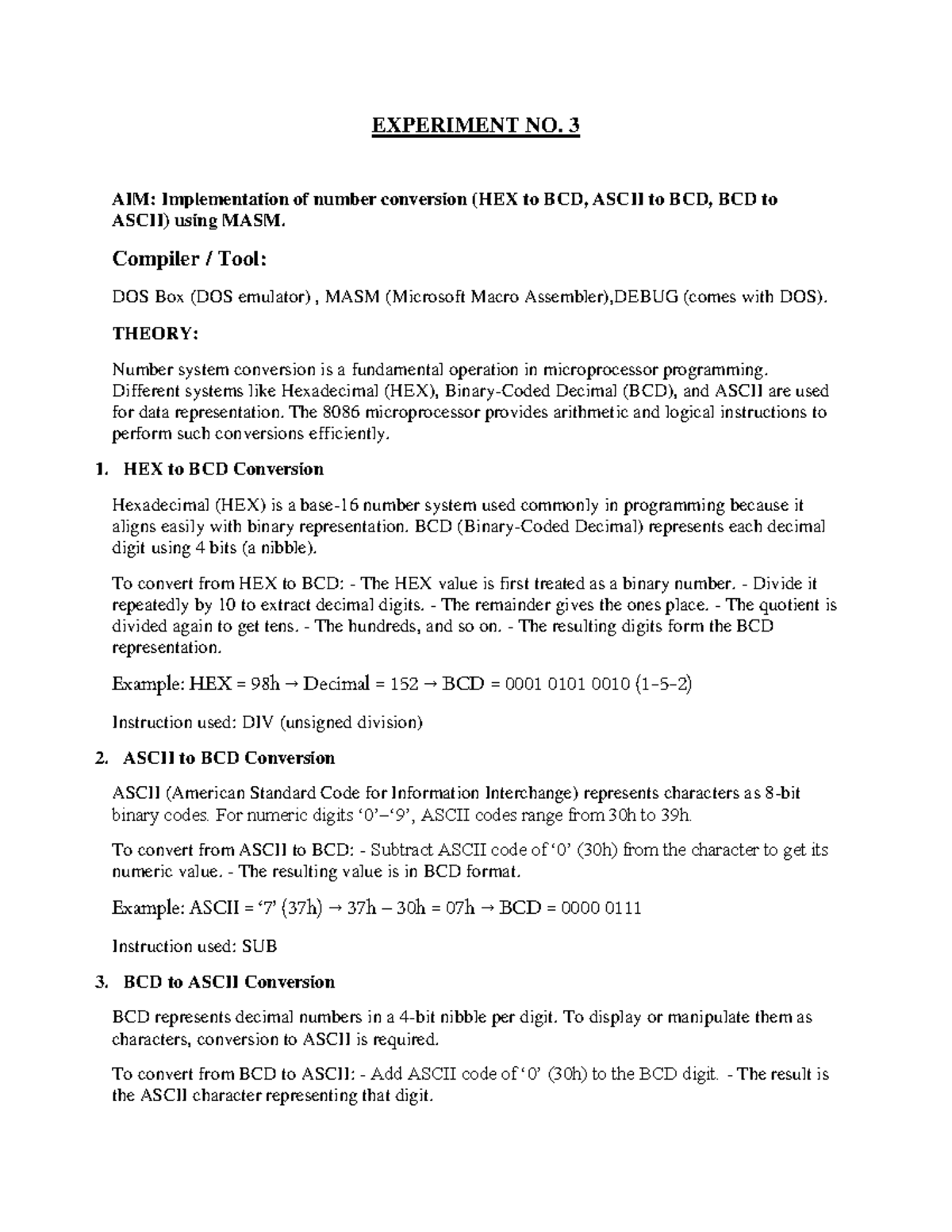 EXP3: Number Conversion (HEX, ASCII, BCD) Implementation in MASM - Studocu