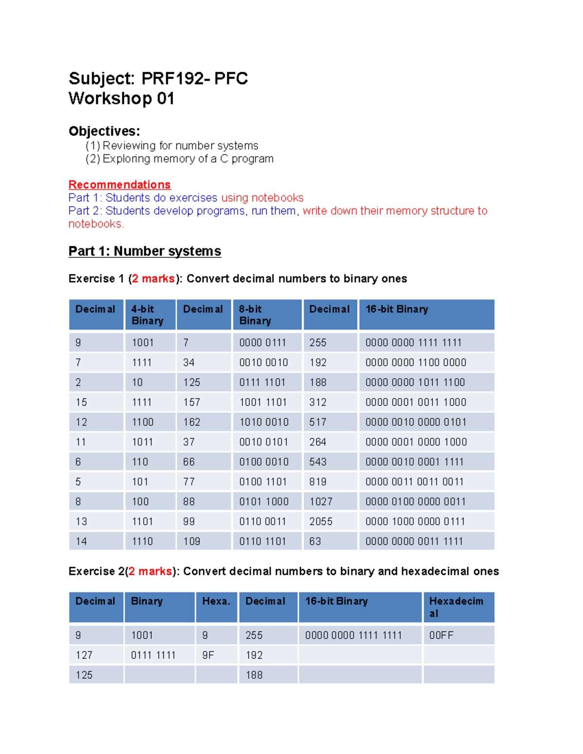 PRF192 - PFC Workshop 01: Number Systems & Memory Structures - Studocu