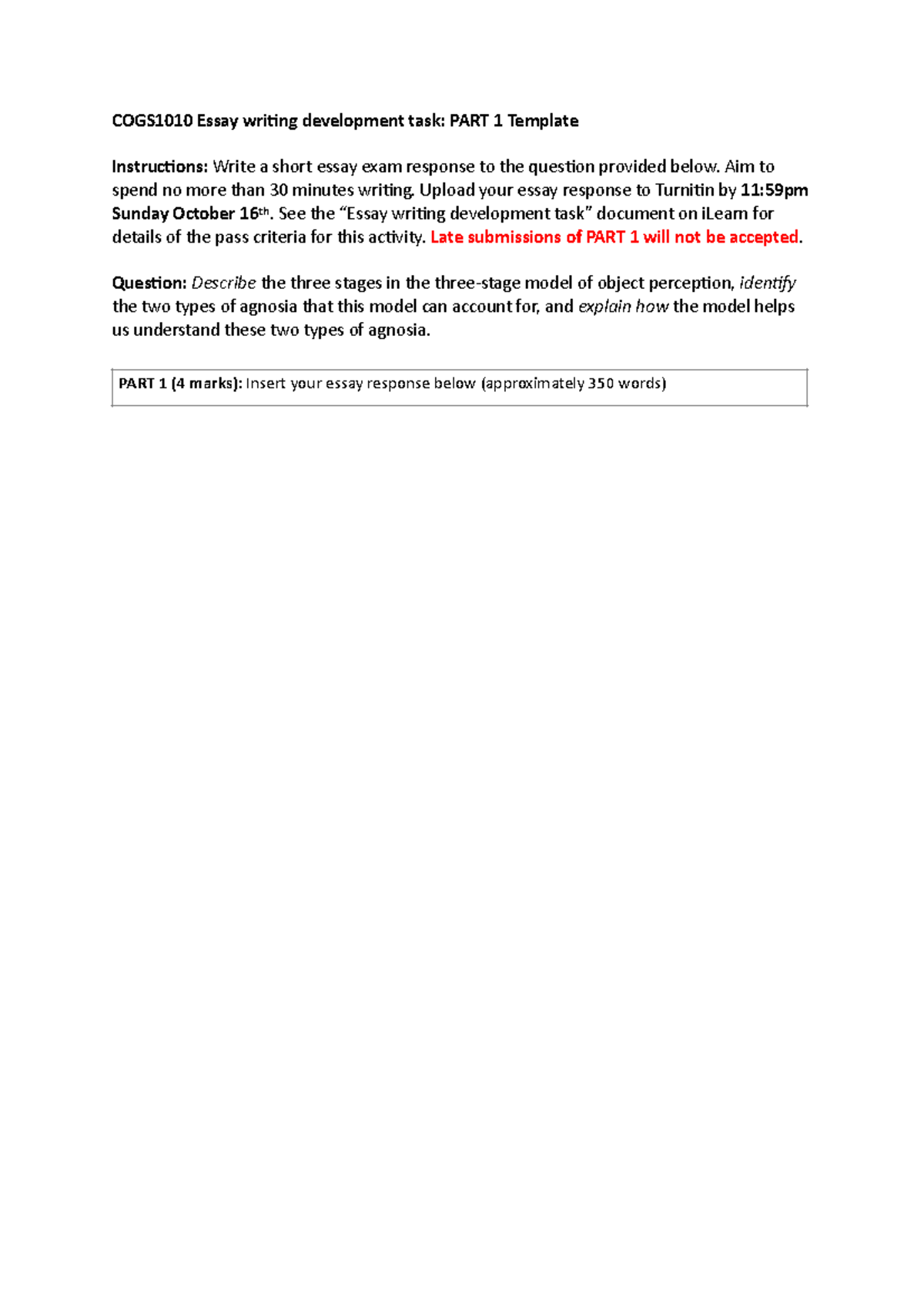 PART 1 Template Essay - COGS1010 Essay wri/ng development task: PART 1 ...