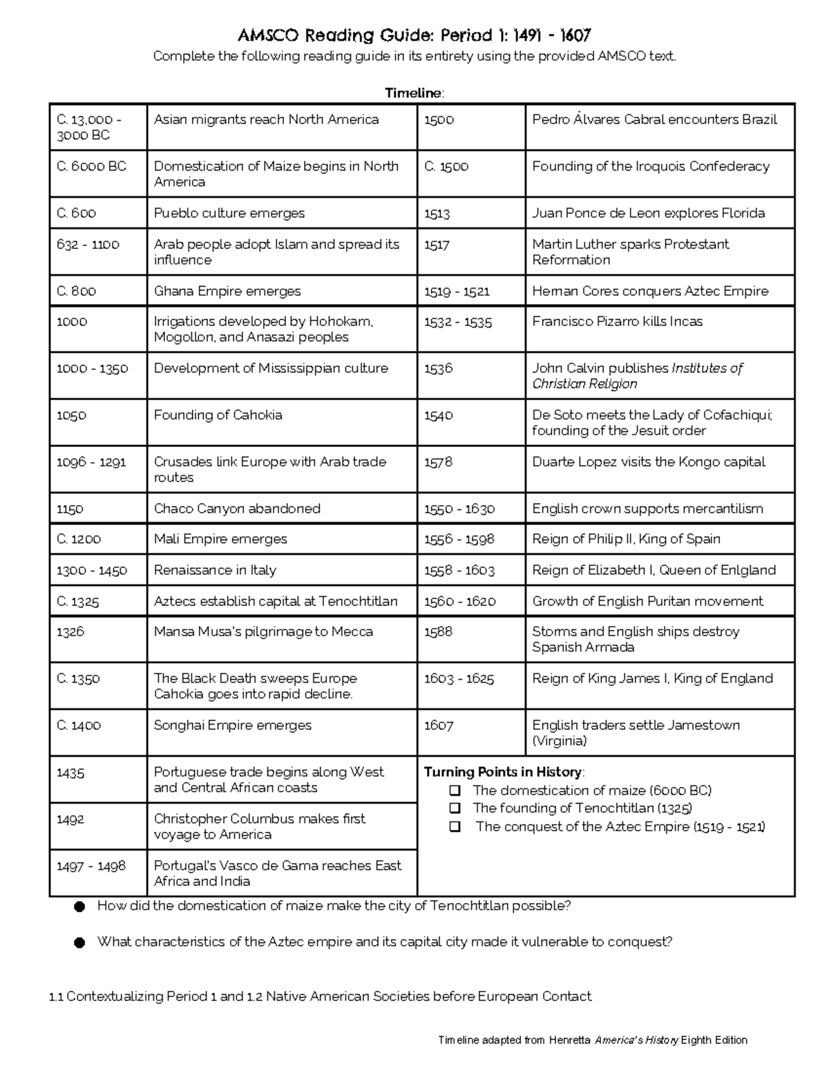 AMSCO Reading Guide: Period 1 (1491-1607) Overview and Key Concepts ...