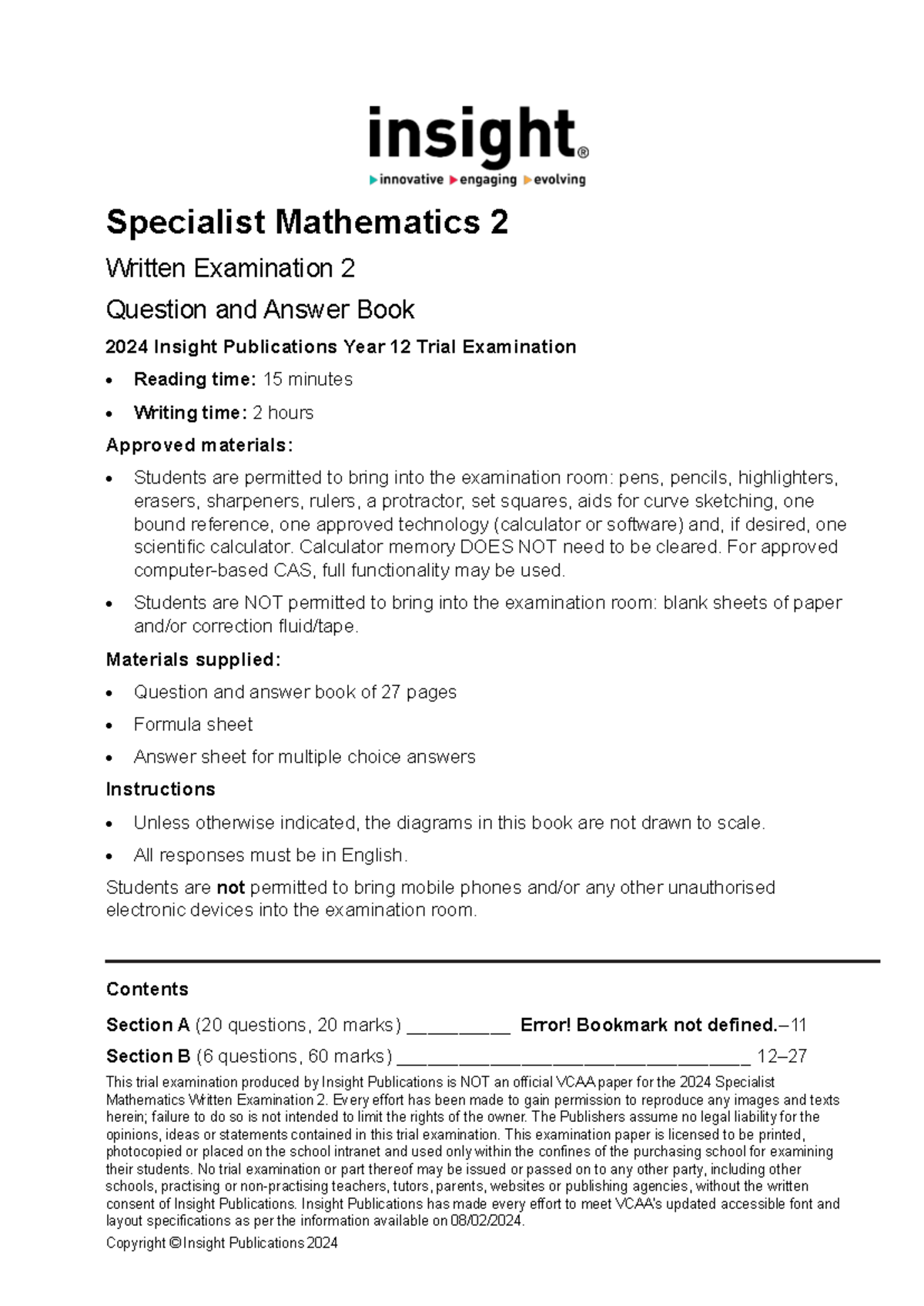 VCE Specialist Mathematics 2 Trial Exam 2024: Q&A Book - Studocu