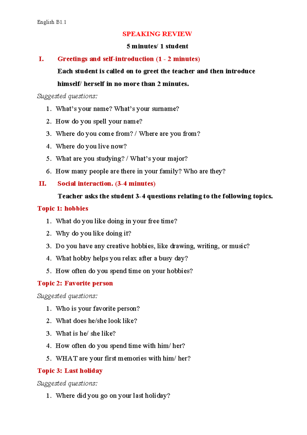 English B1.1 Speaking topics and Questions - English B1. SPEAKING ...