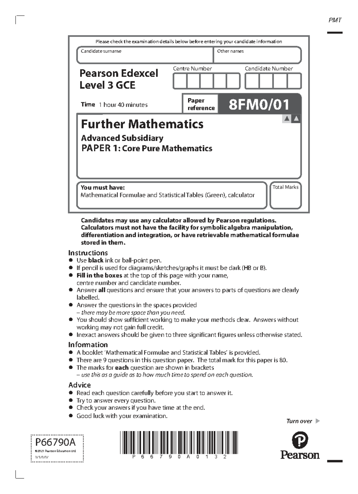 June 2021 QP - Edexcel Level 3 GCE Further Maths Paper 1 Exam Details ...