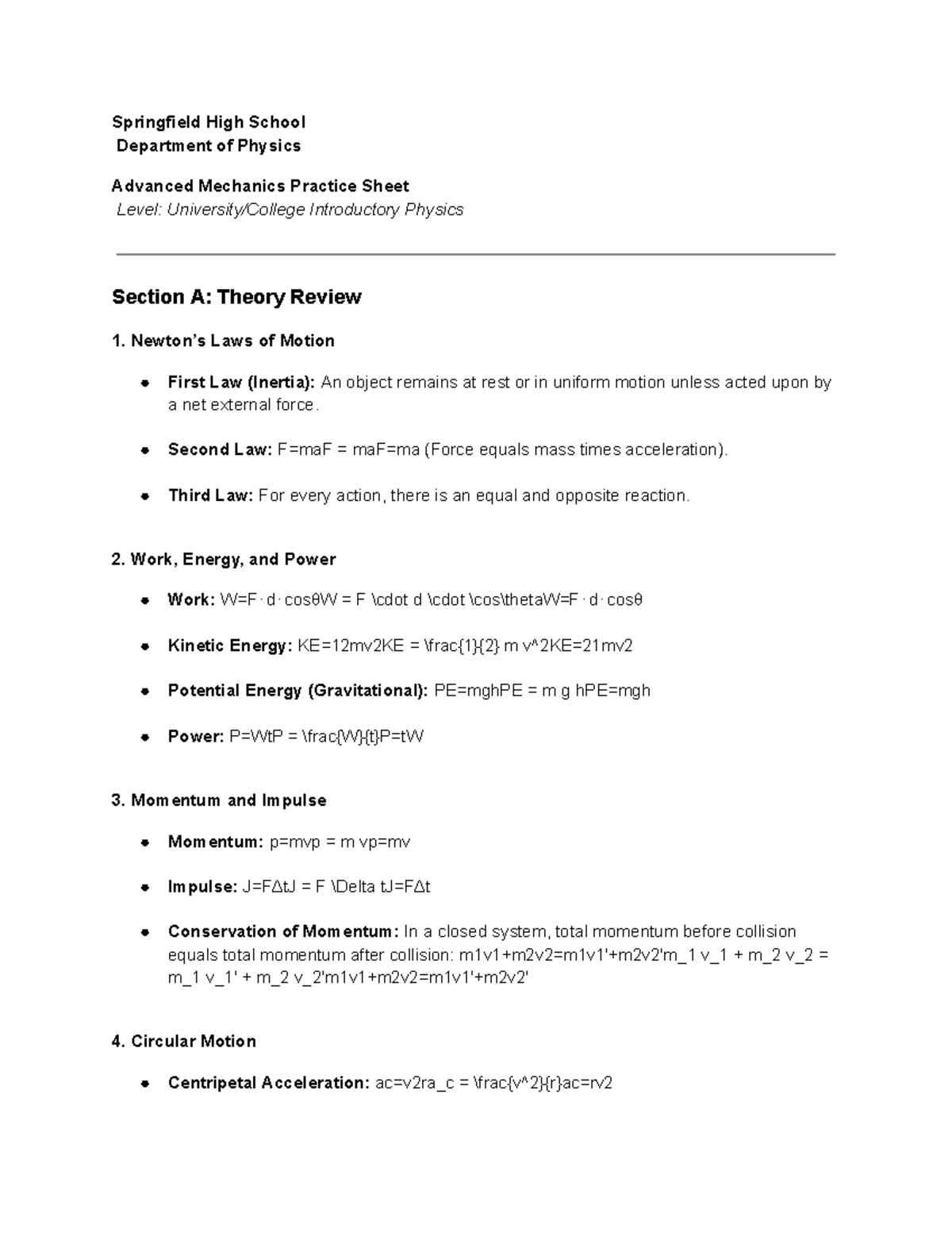 Springfield High PHYS 101 Advanced Mechanics Theory & Practice Notes ...