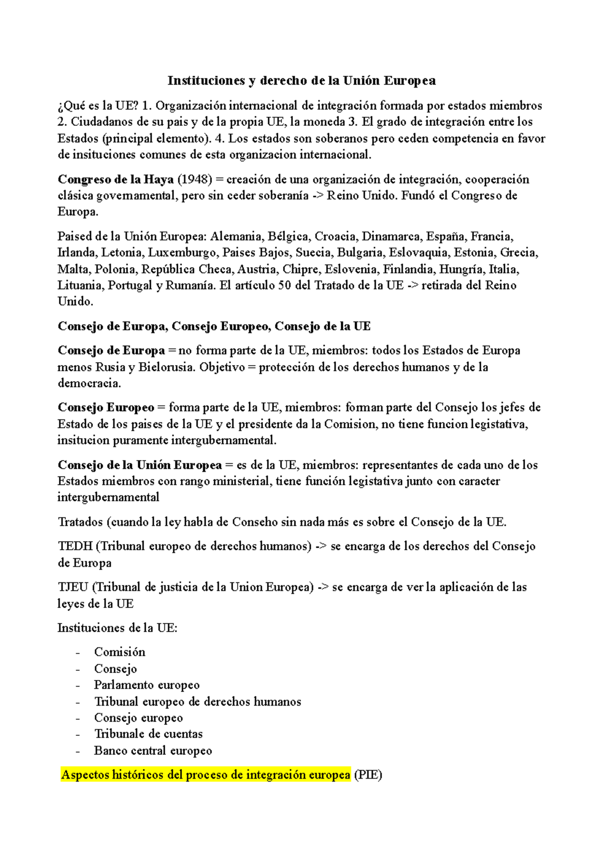 Instituciones y Derecho de la Unión Europea - Resumen Completo - Document Preview