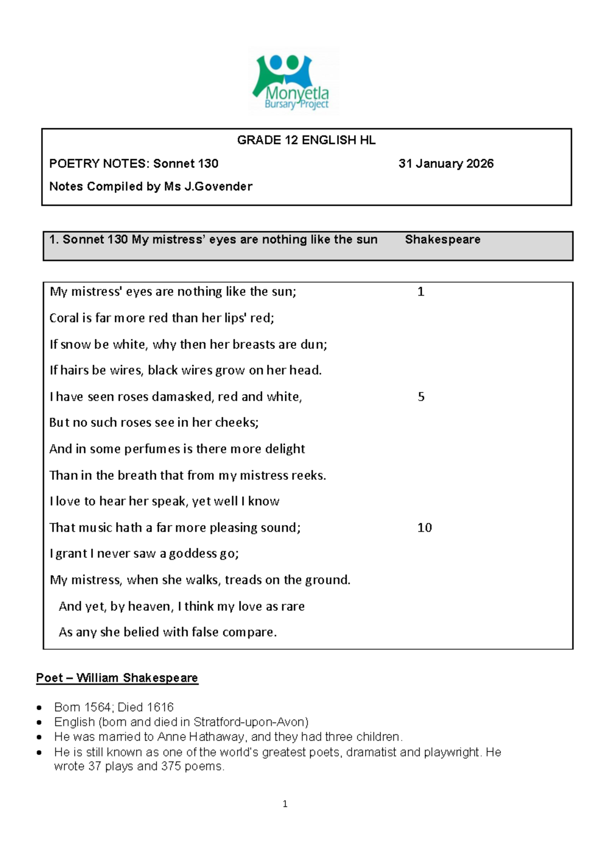 GRADE 12 ENGLISH HL POETRY NOTES: Analysis of Sonnet 130 by Shakespeare ...