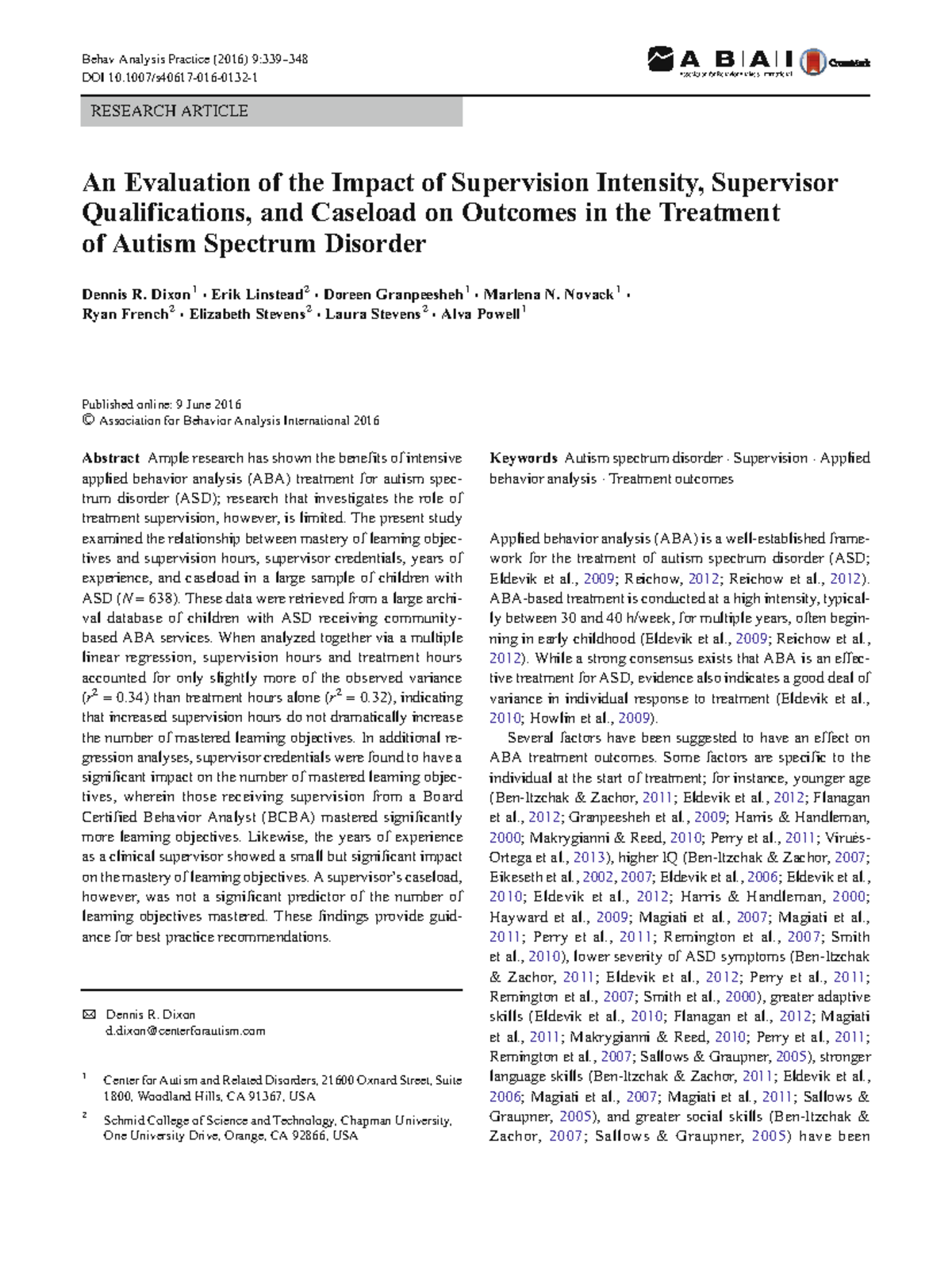An Evaluation of Supervision Intensity and Outcomes in ABA for ASD ...
