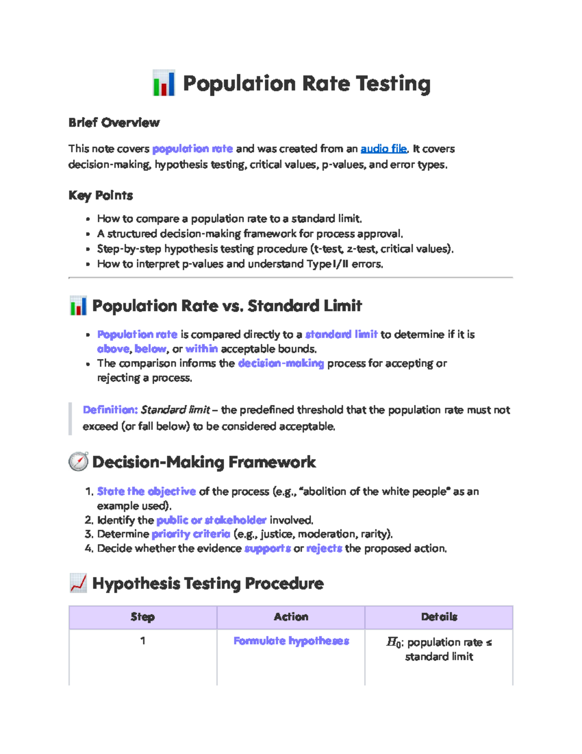 Population Rate Testing: Hypothesis Overview and Procedures - Studocu