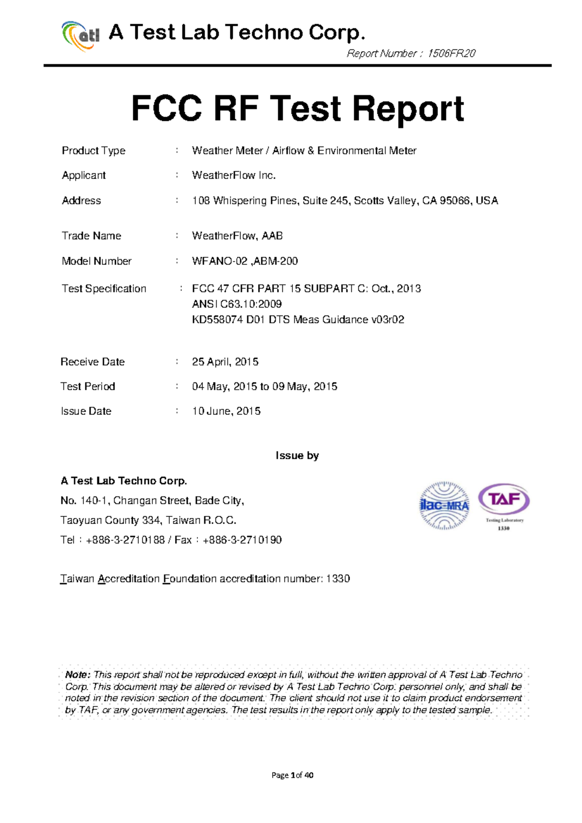 FCC RF Test Report 1506FR - Weather Meter Evaluation from Management ...