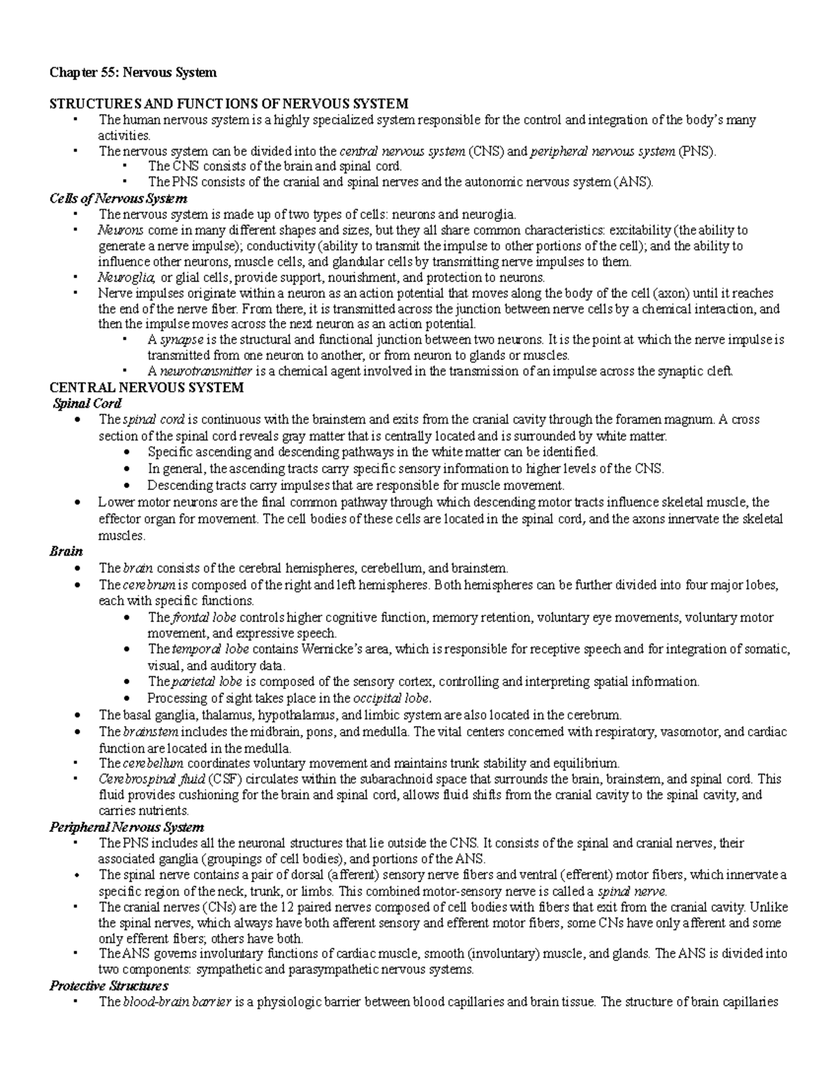 Nervous System Overview: CH. 55 Notes for Effective Study - Studocu