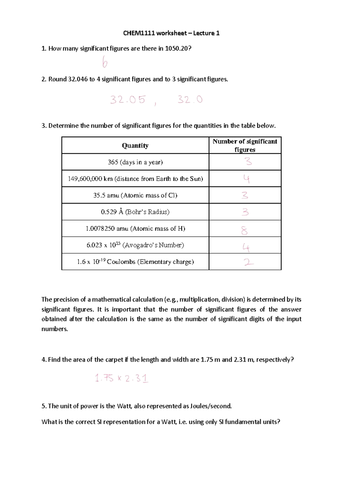 Worksheet 1: Significant Figures and Calculations in Chemistry - Studocu