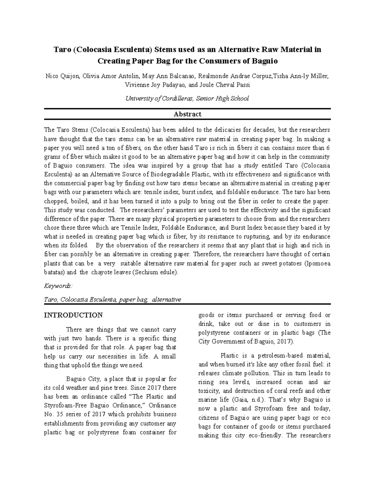 Taro Stems as Alternative Raw Material for Paper Bags - Research Study ...