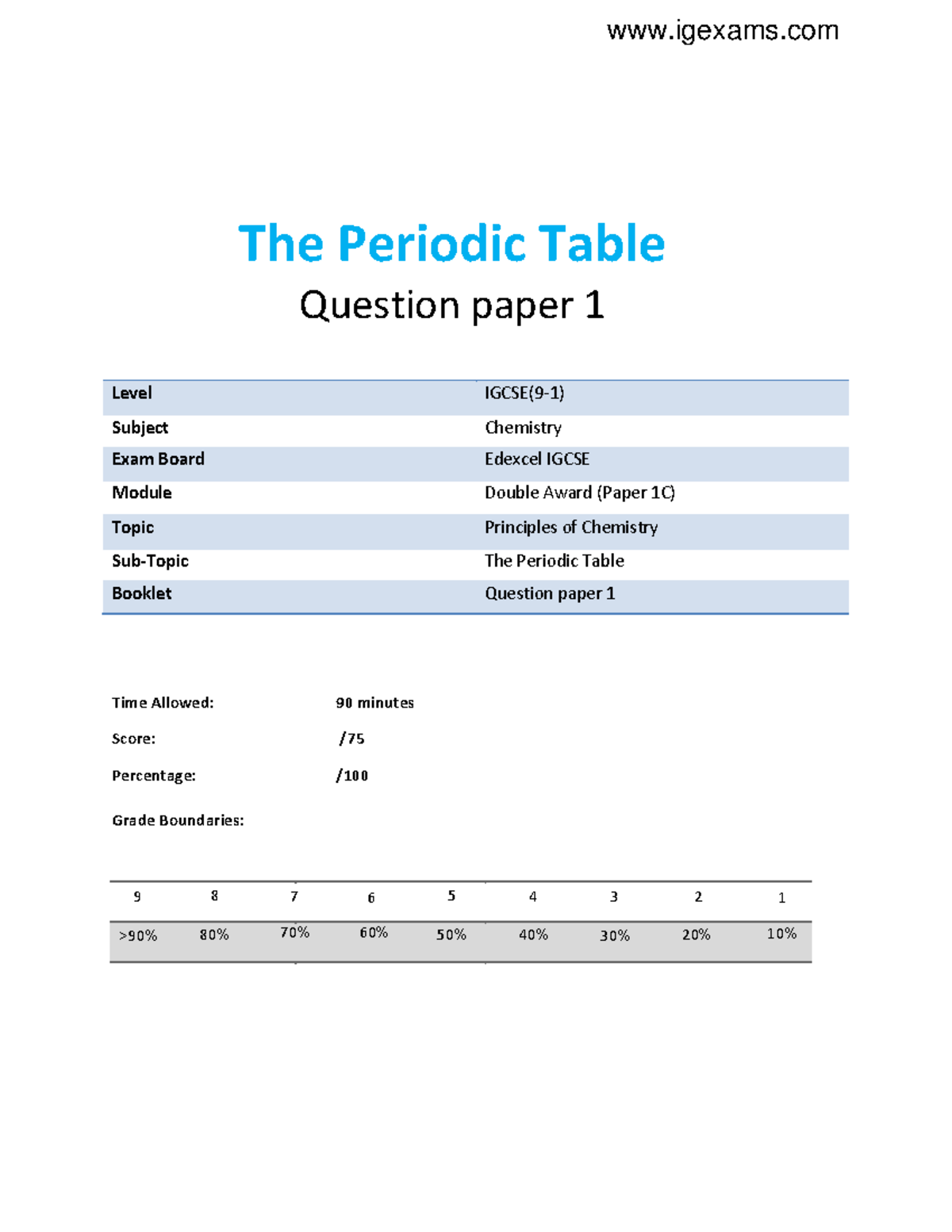 Periodic Table Principles of Chemistry Edexcel IGCSE Exam QP 1C - Studocu