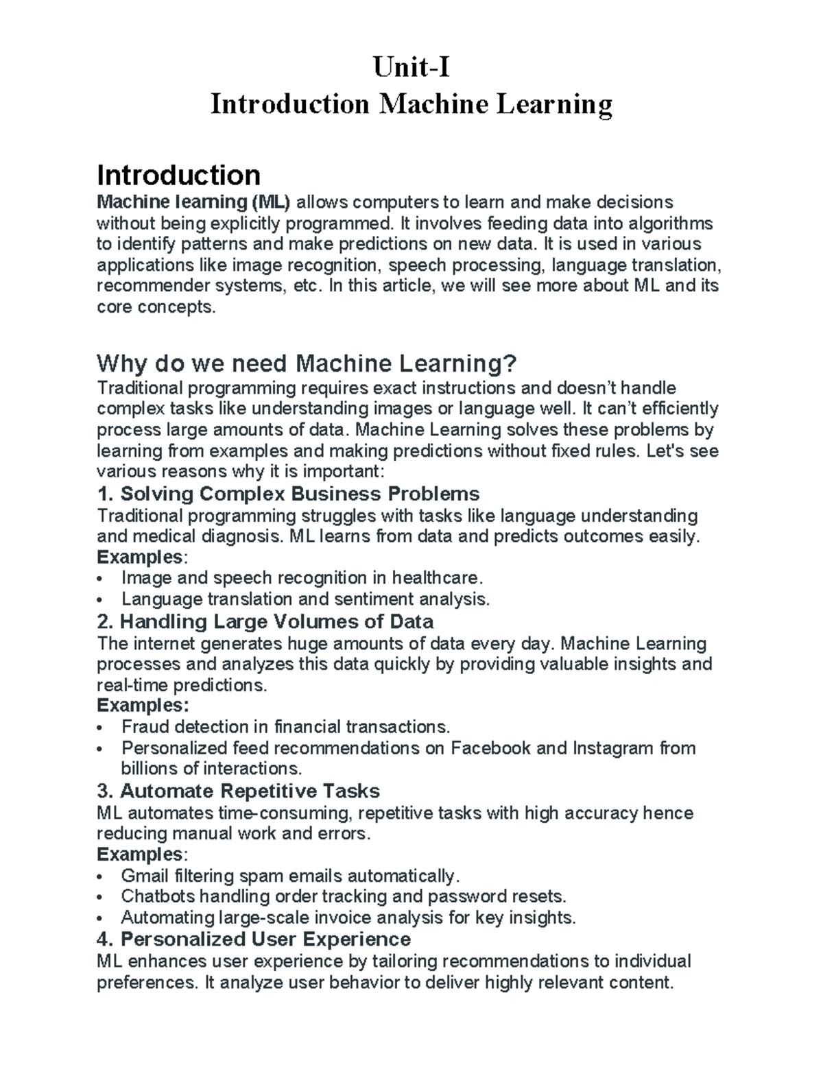 Machine Learning Concepts and Applications - UNIT I Notes - Studocu