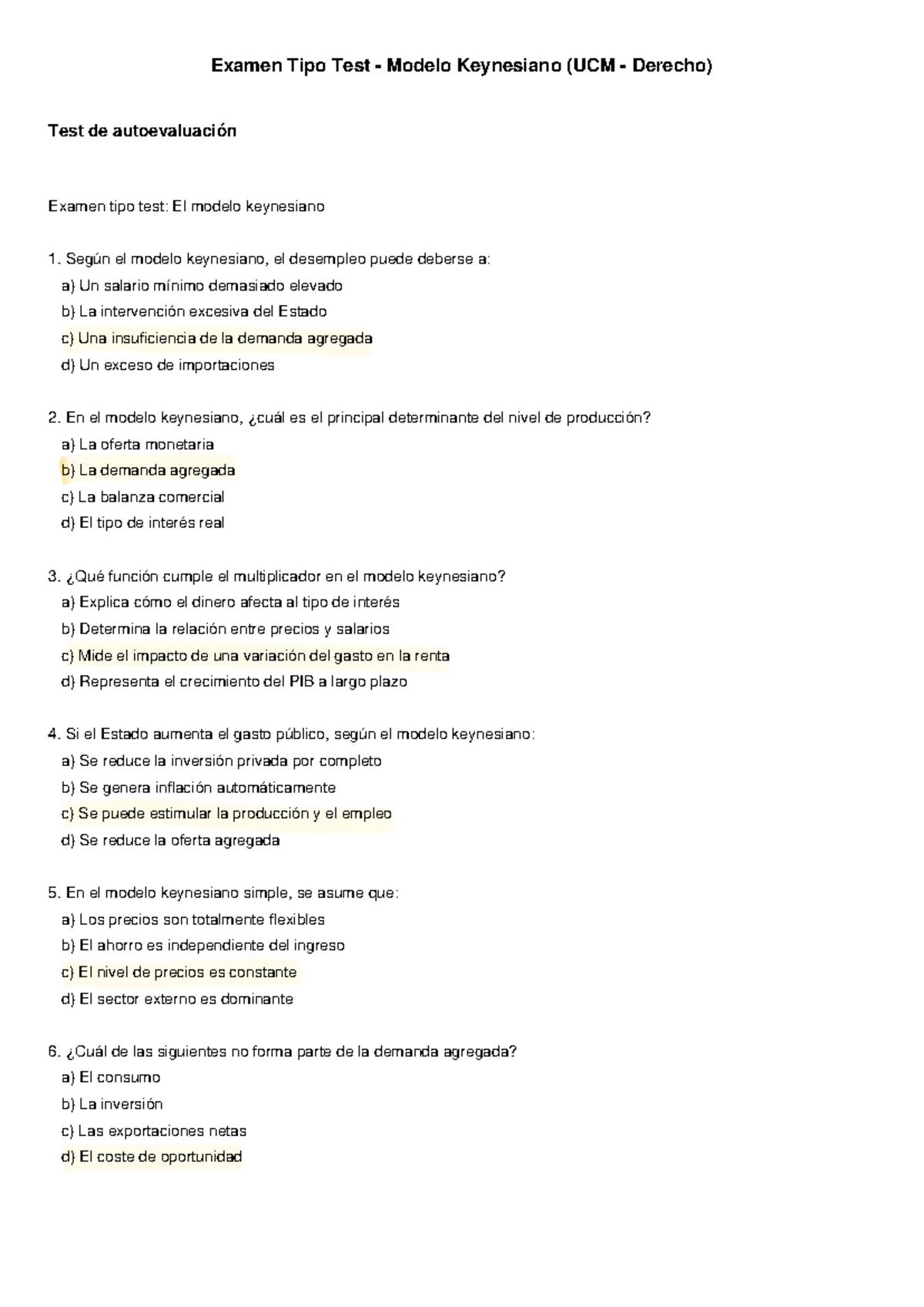 Examen Tipo Test: Modelo Keynesiano (UCM Derecho) - Autoevaluación ...