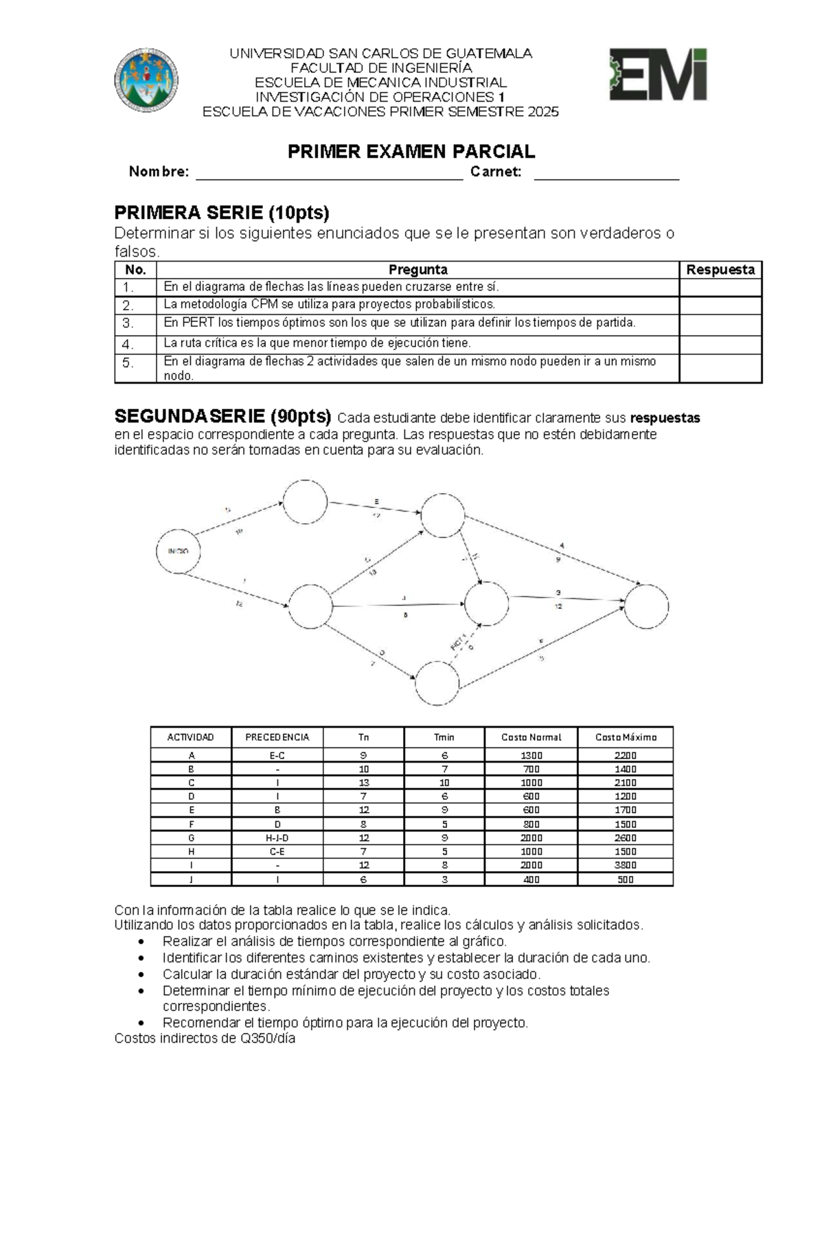 Examen Parcial de Investigación de Operaciones 1 - Escuela de Vacaciones 2025 - Document Preview