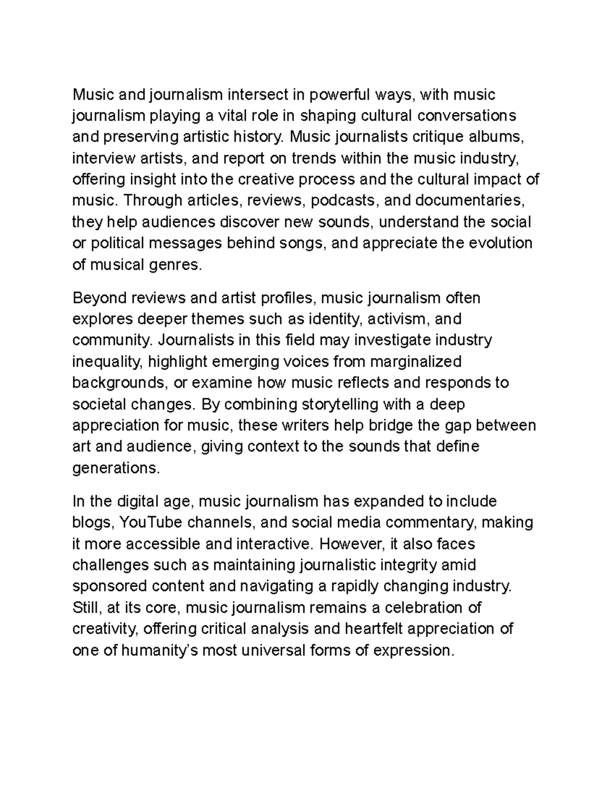 DOC - Essay about two given topics - Music and journalism intersect in ...