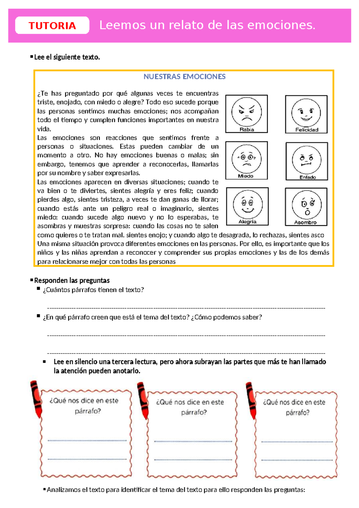 Ficha de Tutoria sobre Emociones - Tercer Grado - Lectura y Análisis ...