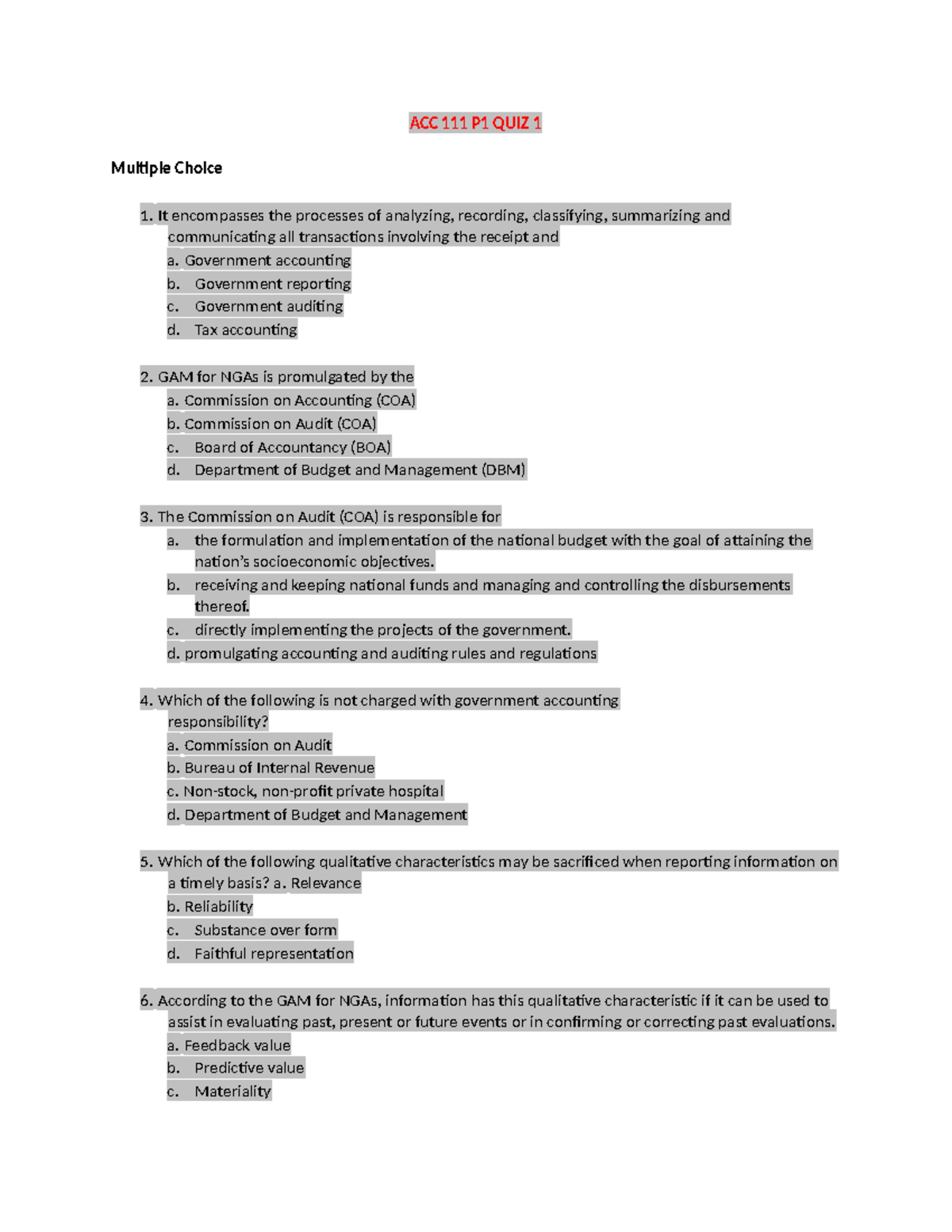 ACC 111 P1 QUIZ 1 - Government Accounting Multiple Choice Questions ...
