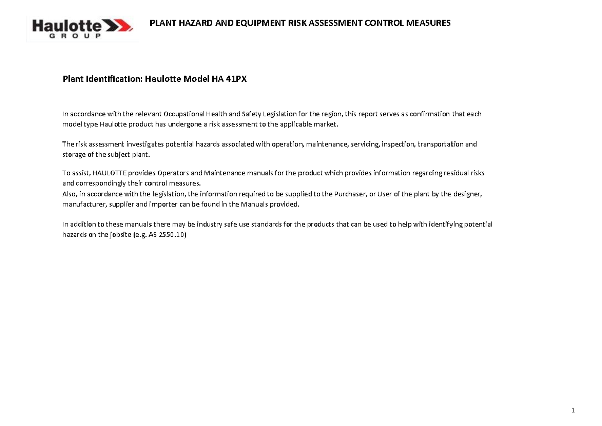 PLANT RISK ASSESSMENT: HAZARD CONTROL MEASURES FOR HAULOTTE HA 41PX ...
