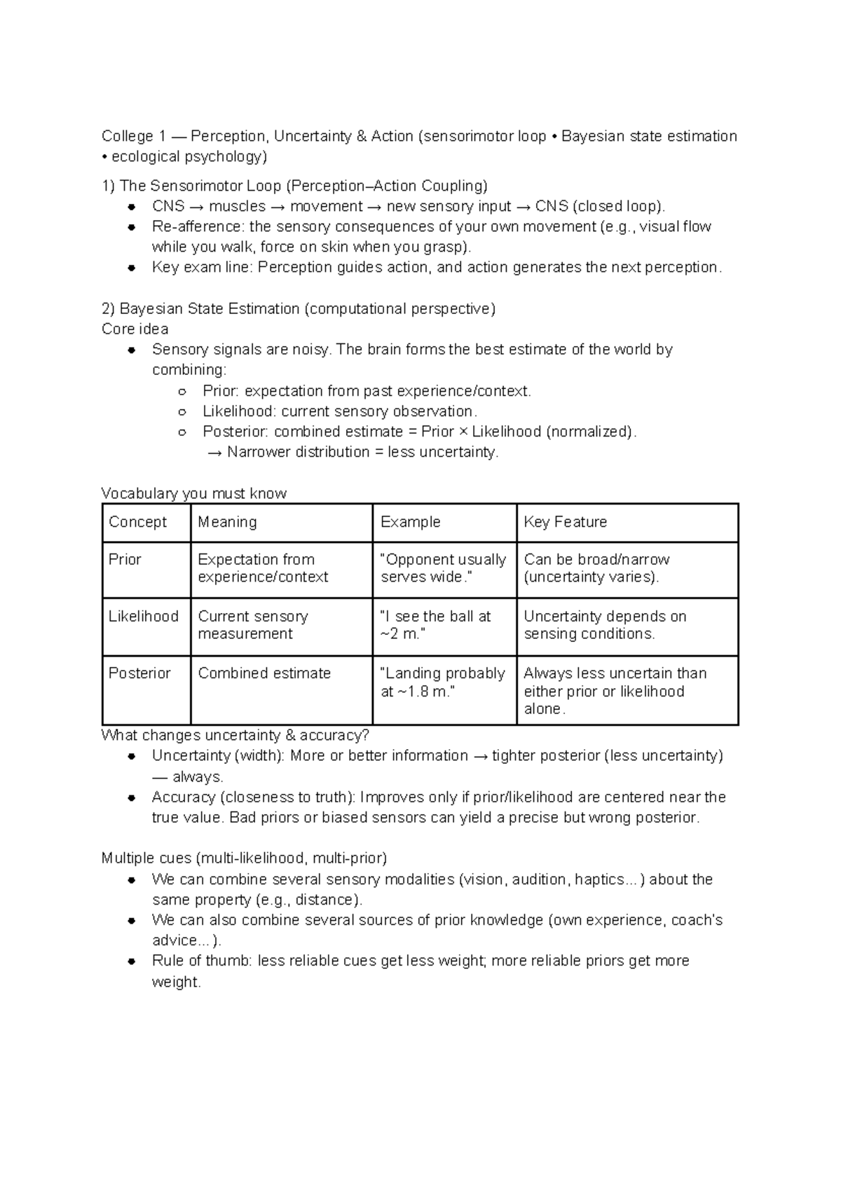 College 1 Summary: Perception, Uncertainty, and Action in Sensorimotor ...